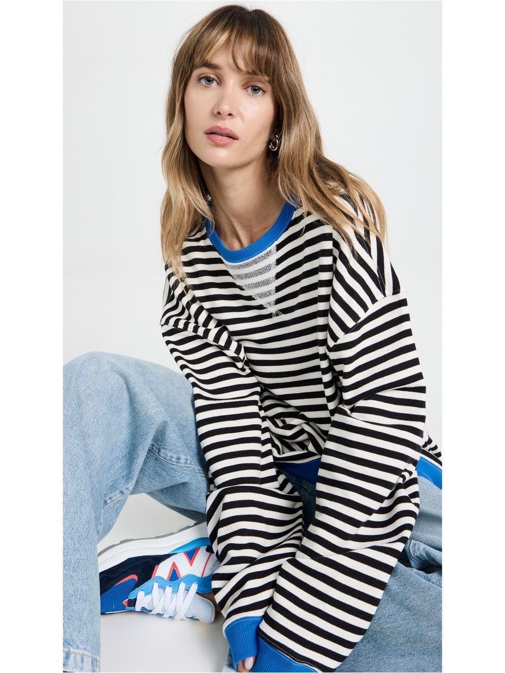 Free People || We the Free Classic Striped Oversized‎ Crewneck Sweatshirt Blue L